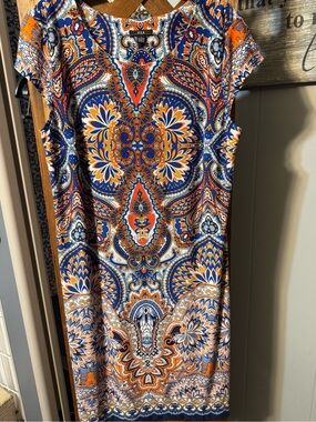 R&K Orange and Navy Paisley Midi Sheath Dress